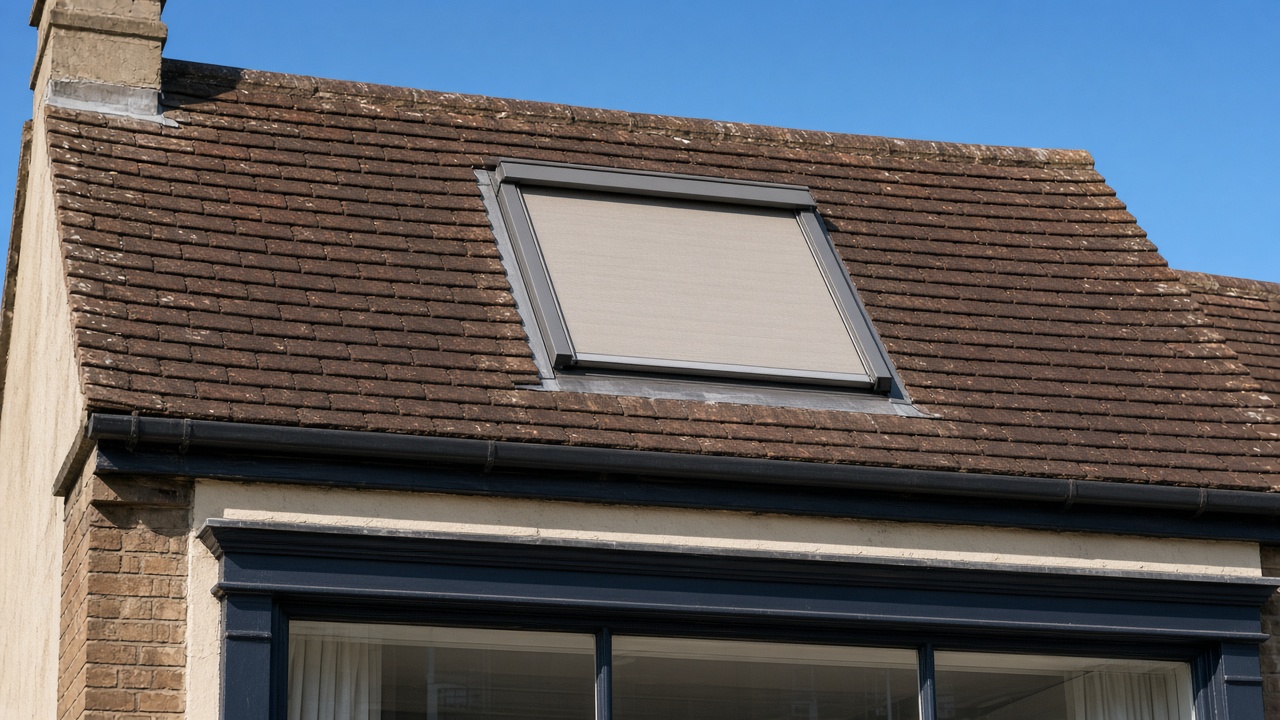 A roof window on a British pitched roof, external roller blind fully down, above a small high-street shopfront, hard summer sun and a clear sky. Framed on one opening.