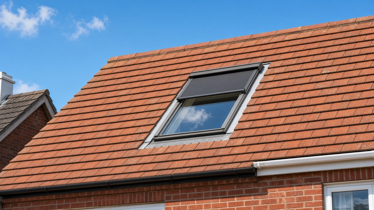 A roof window on a British pitched roof, external roller blind partly down, above a 1930s red-brick semi, hard summer sun and a clear sky. Framed on one opening.