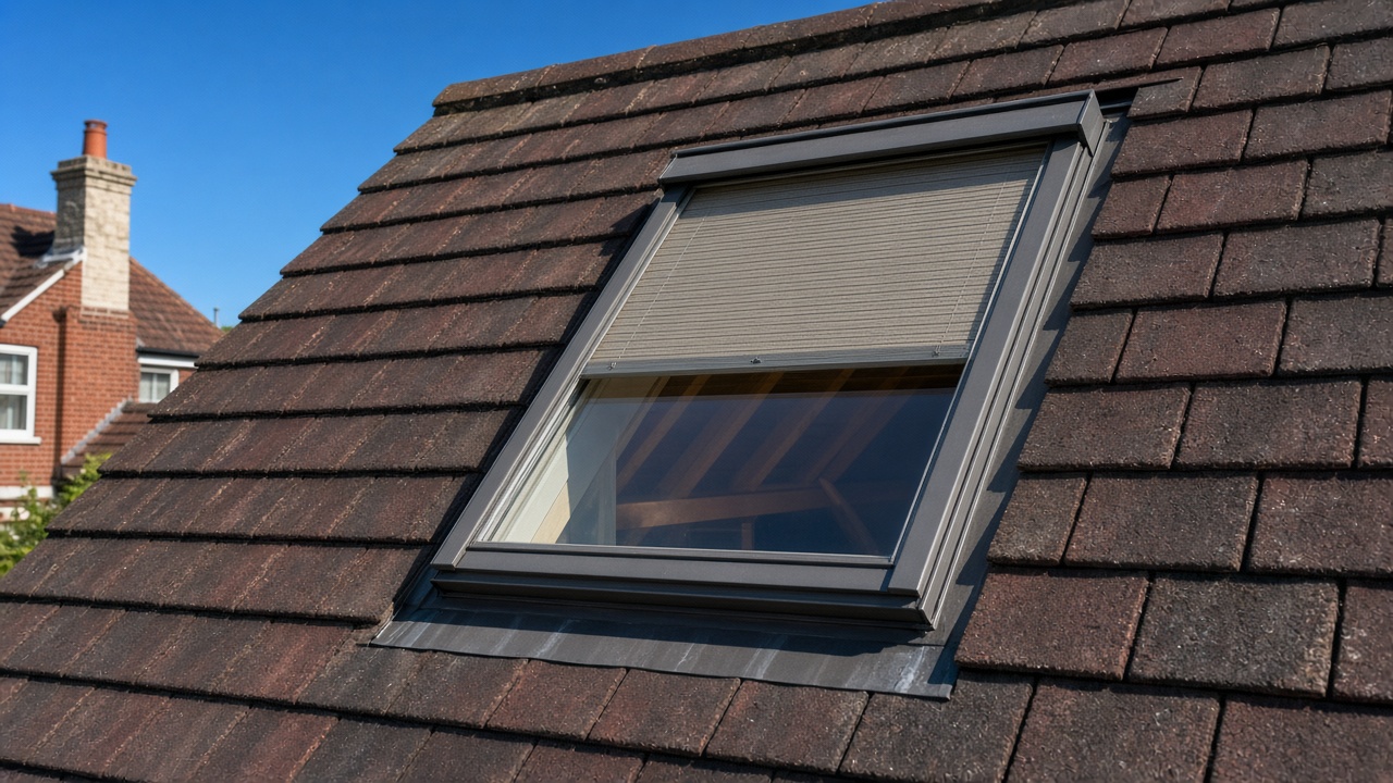 A roof window on a British pitched roof, external roller blind partly down, above a 1930s red-brick semi, hard summer sun and a clear sky. Framed on one opening.
