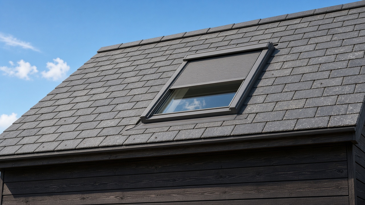 A roof window on a British pitched roof, external roller blind partly down, above a dark timber-clad house, hard summer sun and a clear sky. Framed on one opening.
