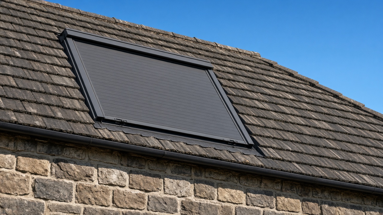 A roof window on a British pitched roof, external roller blind fully down, above a stone farmhouse, hard summer sun and a clear sky. Framed on one opening.