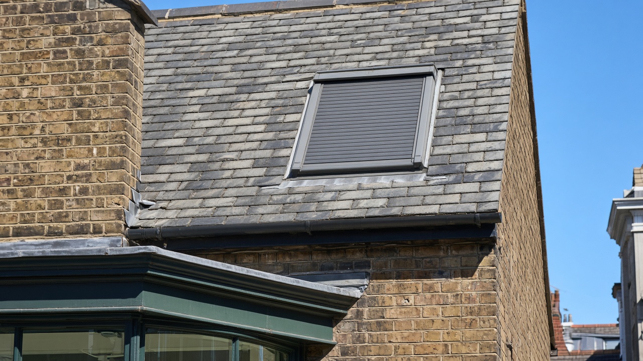 A roof window on a British pitched roof, external roller blind fully down, above a small high-street shopfront, hard summer sun and a clear sky. Framed on one opening.