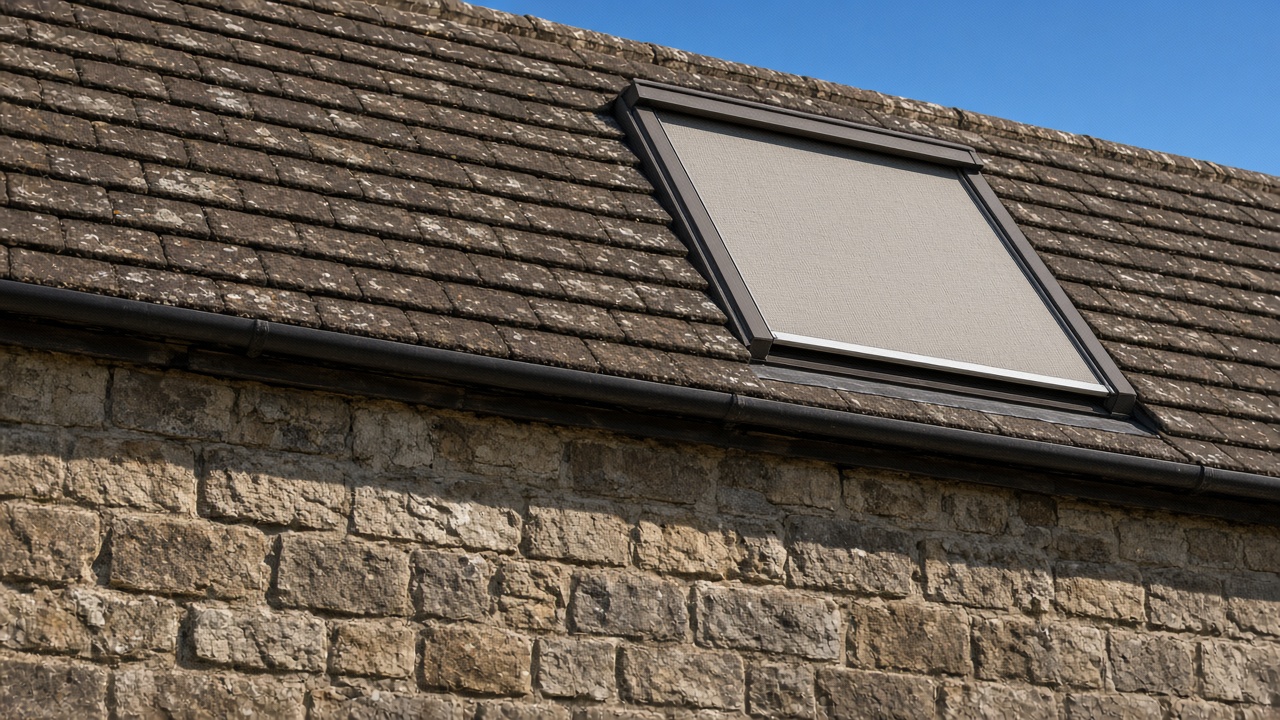 A roof window on a British pitched roof, external roller blind fully down, above a stone farmhouse, hard summer sun and a clear sky. Framed on one opening.
