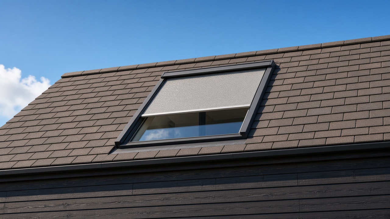 A roof window on a British pitched roof, external roller blind partly down, above a dark timber-clad house, hard summer sun and a clear sky. Framed on one opening.