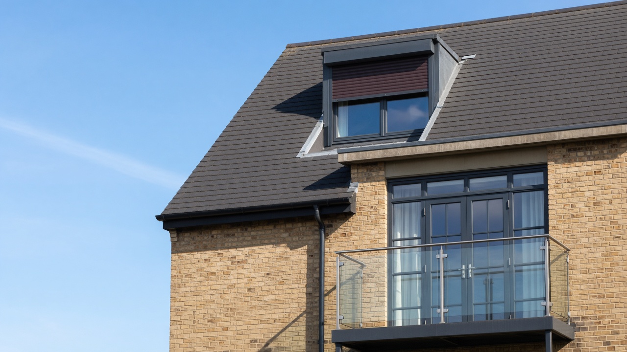A roof window on a British pitched roof, external roller blind partly down, above a flat with a glazed balcony door, hard summer sun and a clear sky. Framed on one opening.