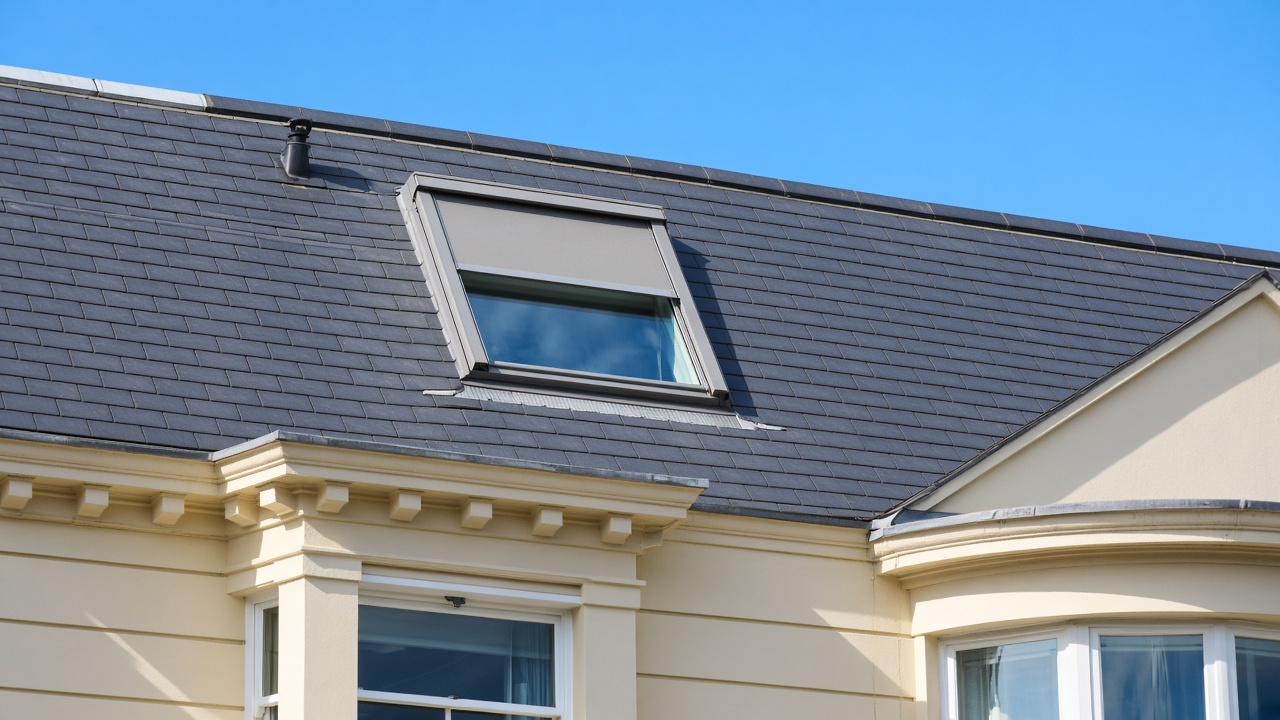 A roof window on a British pitched roof, external roller blind partly down, above a painted townhouse with a bay, hard summer sun and a clear sky. Framed on one opening.