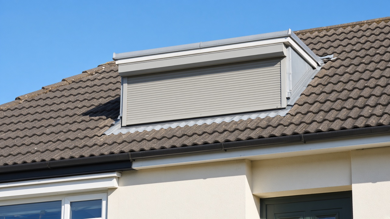 A roof window on a British pitched roof, external roller blind fully down, above a cream bungalow, hard summer sun and a clear sky. Framed on one opening.