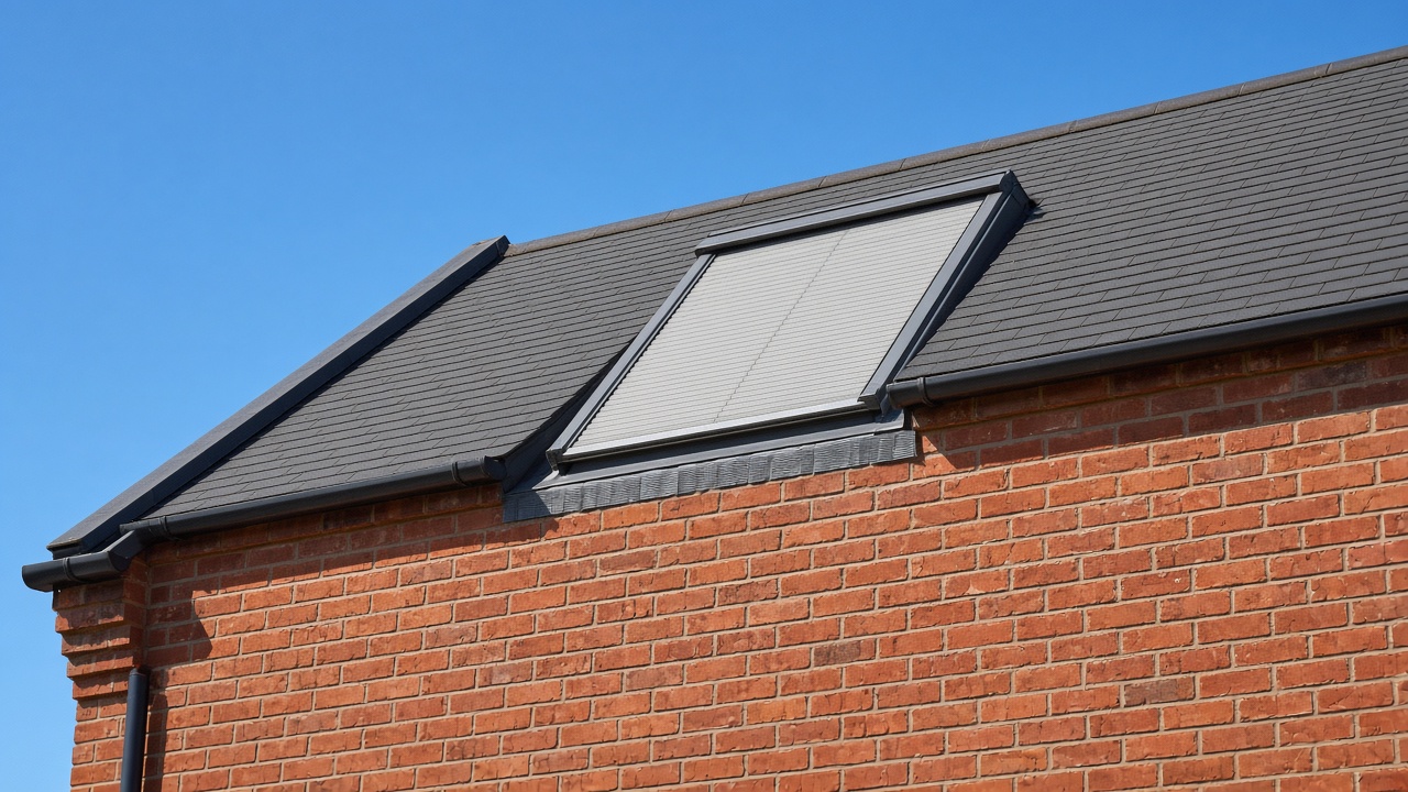 A roof window on a British pitched roof, external roller blind fully down, above a red-brick rear extension, hard summer sun and a clear sky. Framed on one opening.
