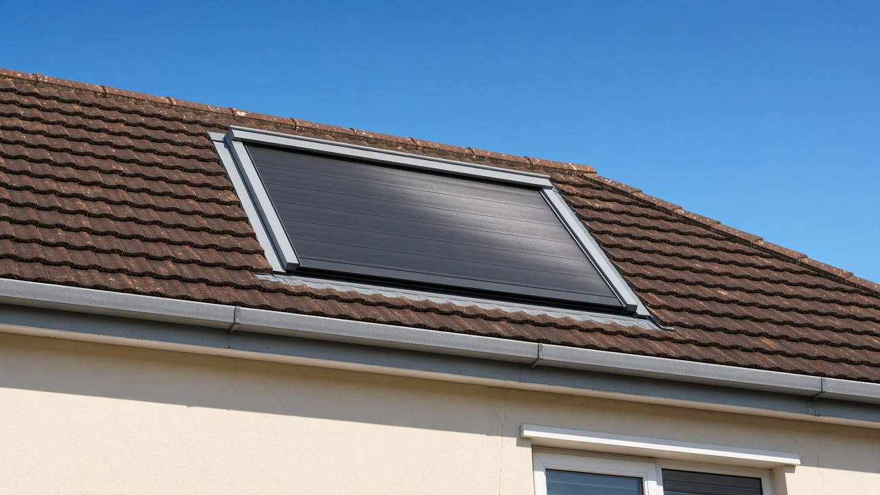 A roof window on a British pitched roof, external roller blind fully down, above a cream bungalow, hard summer sun and a clear sky. Framed on one opening.