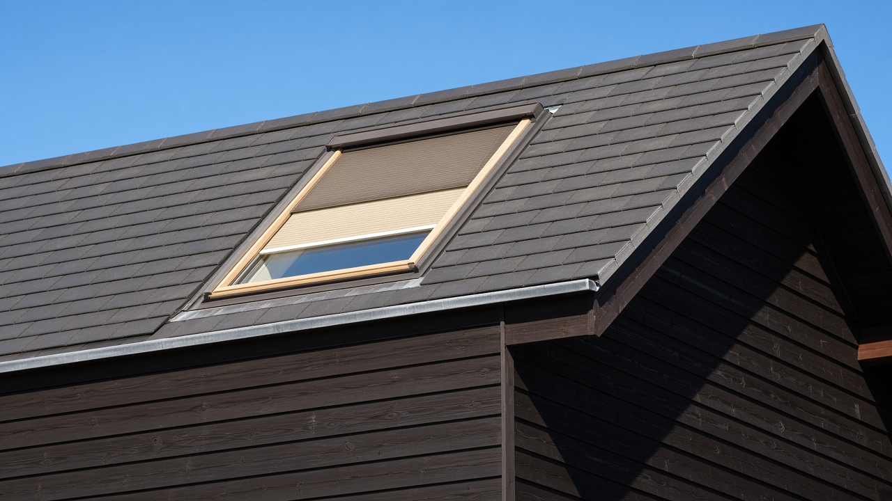 A roof window on a British pitched roof, external roller blind partly down, above a dark timber-clad house, hard summer sun and a clear sky. Framed on one opening.