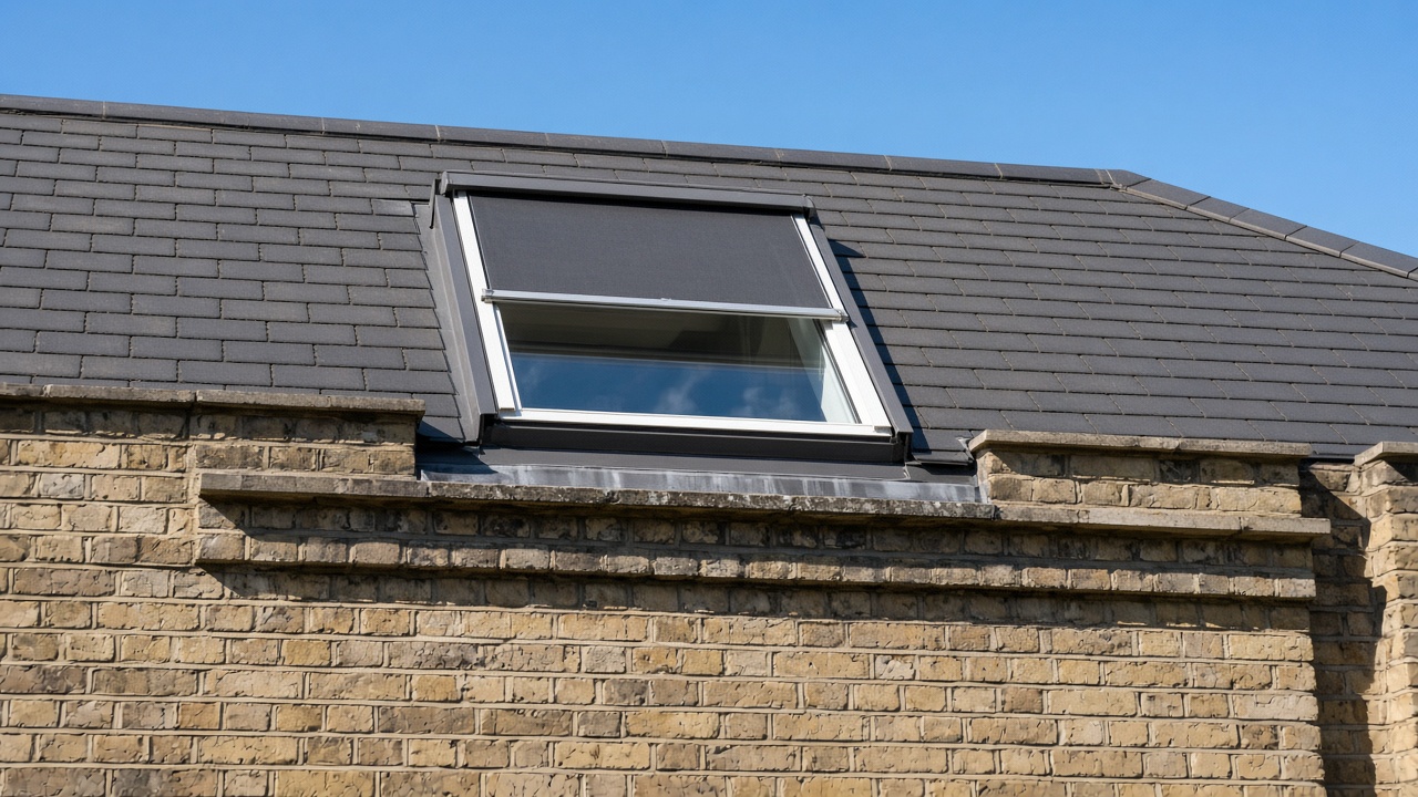 A roof window on a British pitched roof, external roller blind partly down, above a yellow London stock brick terrace, hard summer sun and a clear sky. Framed on one opening.
