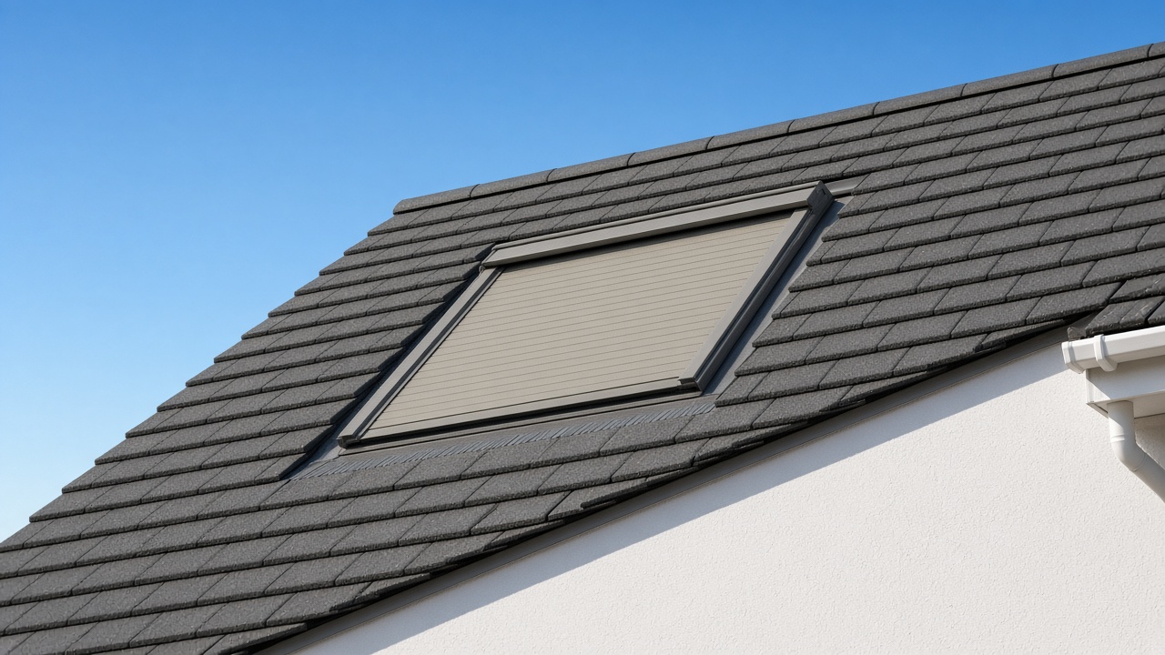 A roof window on a British pitched roof, external roller blind fully down, above a white rendered new-build, hard summer sun and a clear sky. Framed on one opening.