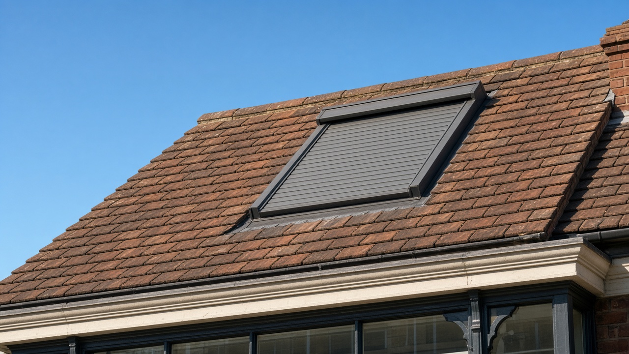 A roof window on a British pitched roof, external roller blind fully down, above a small high-street shopfront, hard summer sun and a clear sky. Framed on one opening.