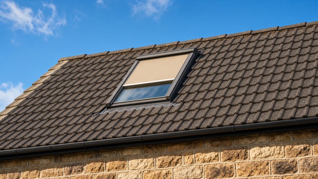 A roof window on a British pitched roof, external roller blind partly down, above a sandstone cottage, hard summer sun and a clear sky. Framed on one opening.