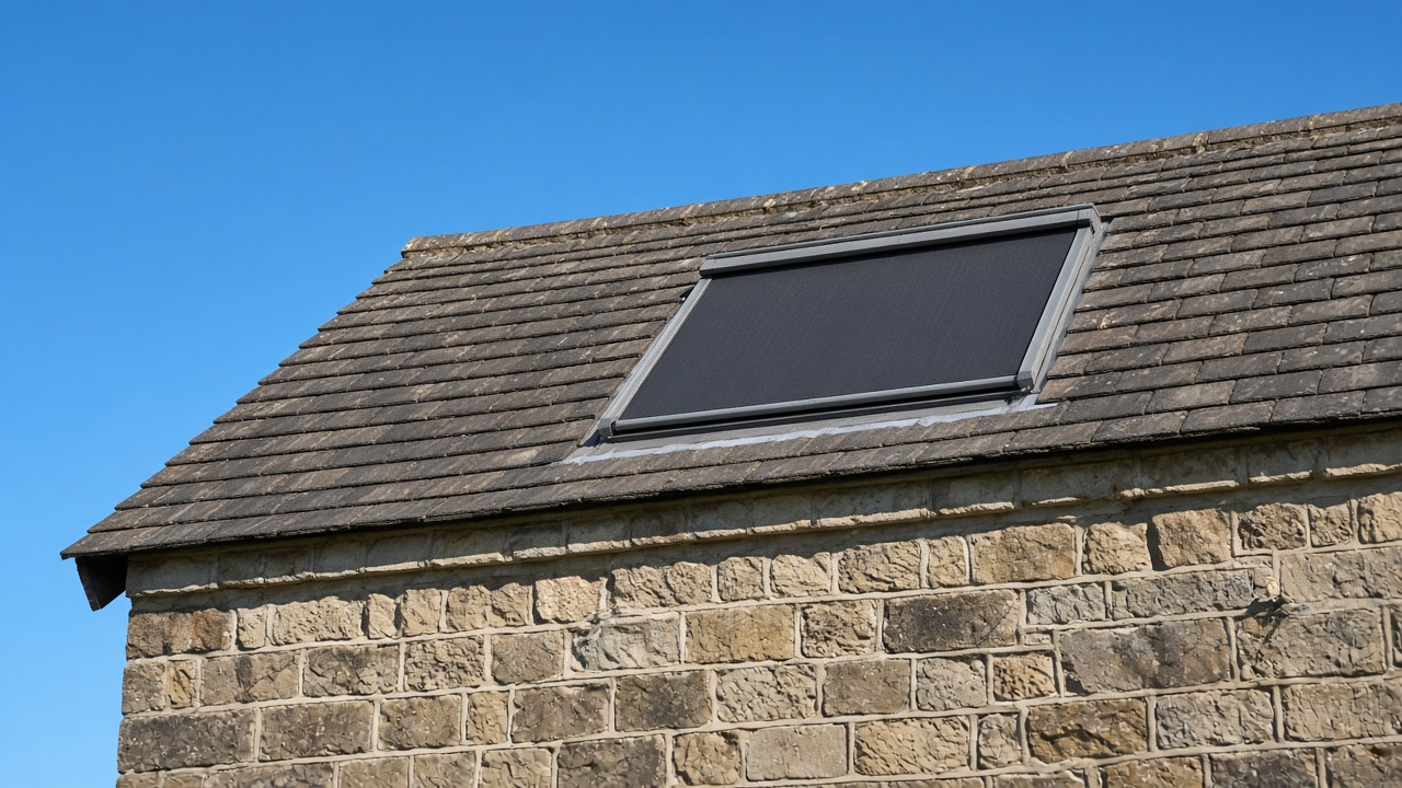 A roof window on a British pitched roof, external roller blind fully down, above a stone farmhouse, hard summer sun and a clear sky. Framed on one opening.