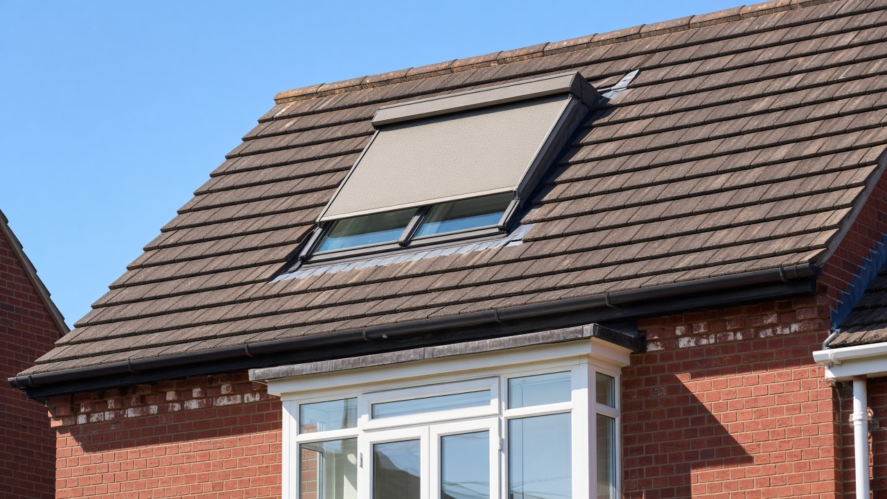 A roof window on a British pitched roof, external roller blind partly down, above a flat with a glazed balcony door, hard summer sun and a clear sky. Framed on one opening.