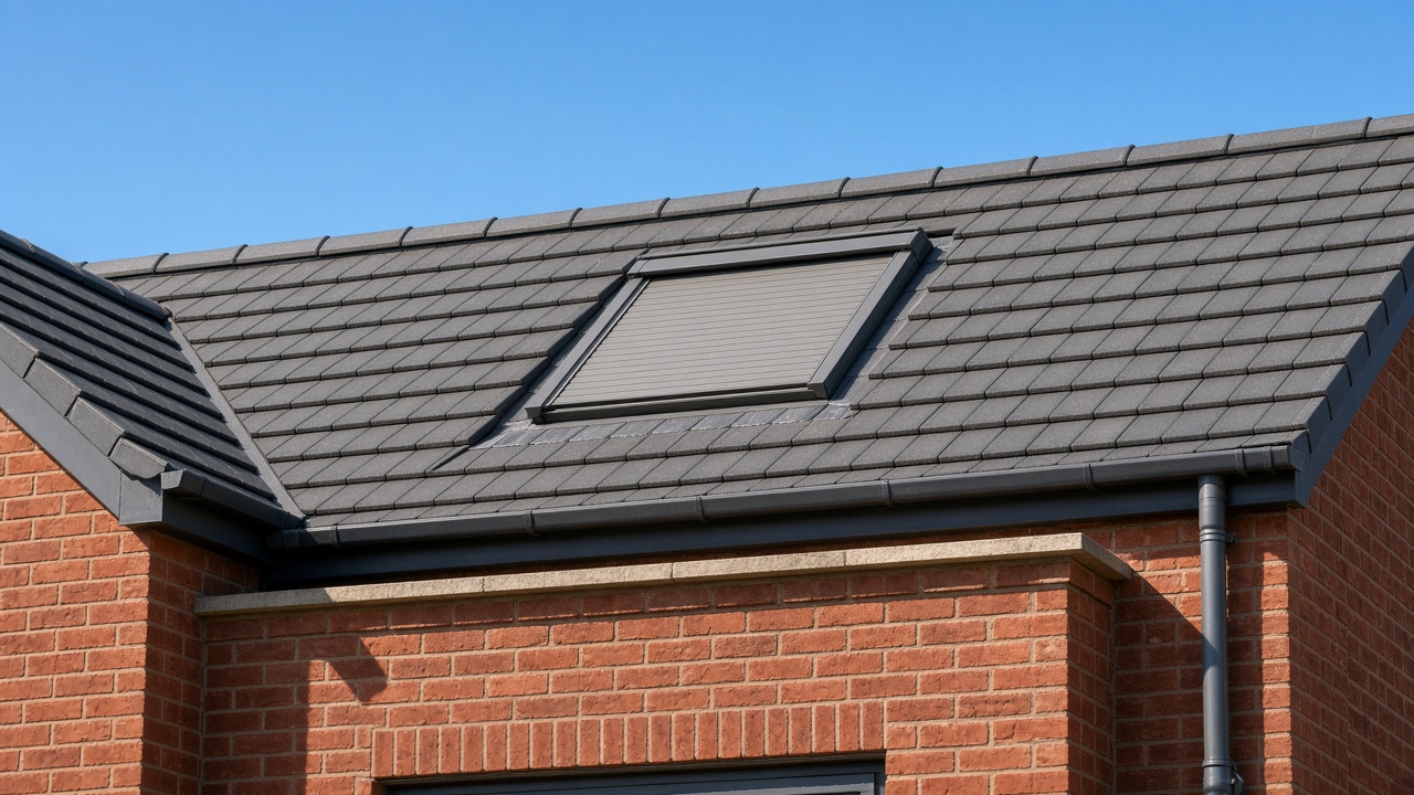 A roof window on a British pitched roof, external roller blind fully down, above a red-brick rear extension, hard summer sun and a clear sky. Framed on one opening.