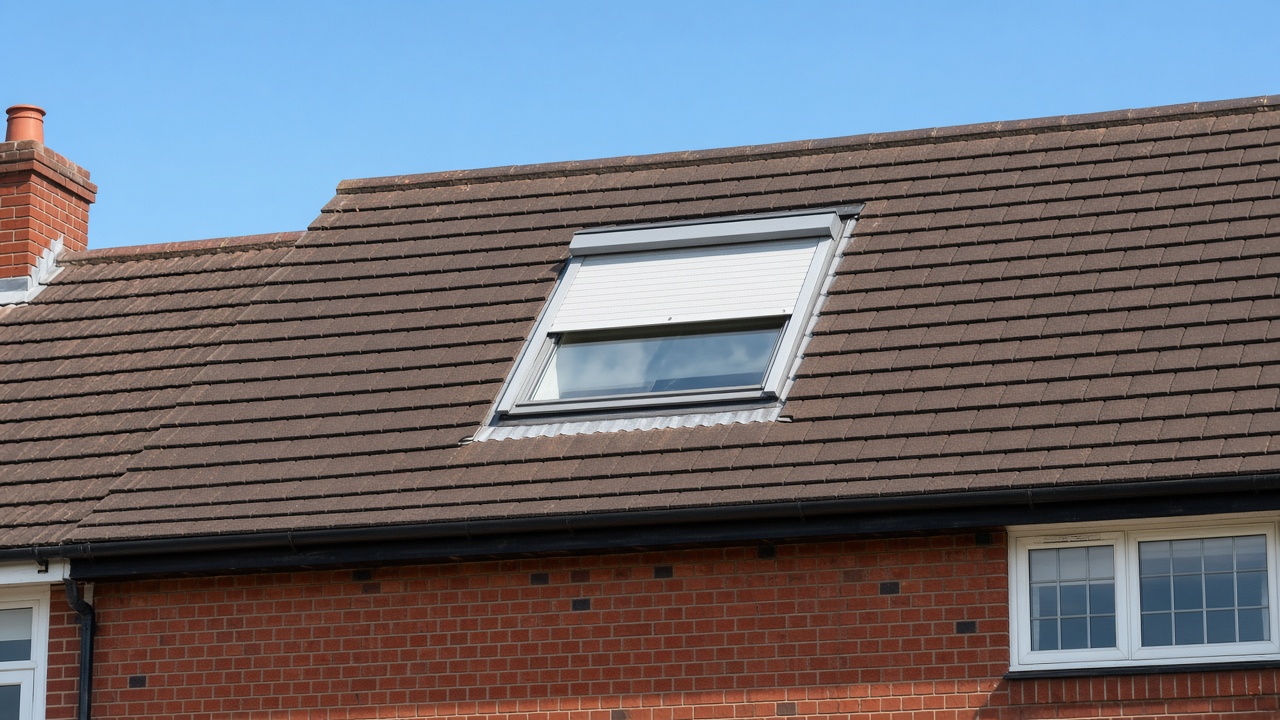 A roof window on a British pitched roof, external roller blind partly down, above a 1930s red-brick semi, hard summer sun and a clear sky. Framed on one opening.