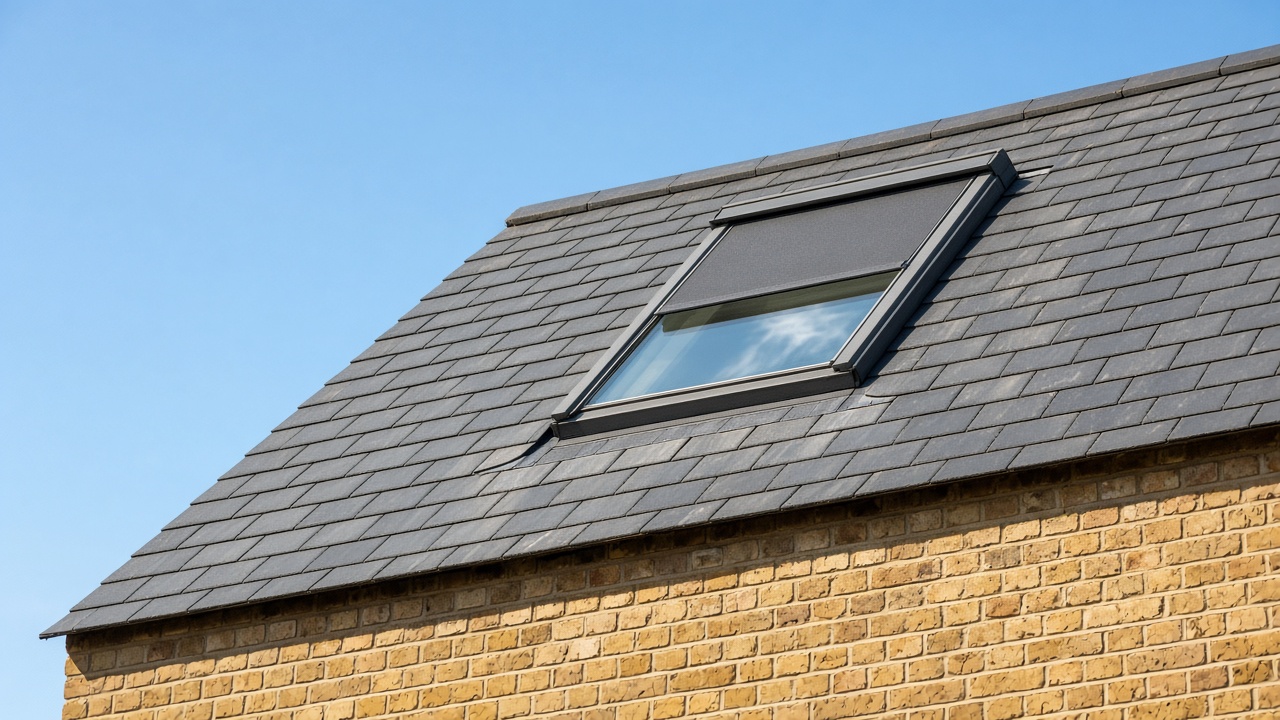 A roof window on a British pitched roof, external roller blind partly down, above a yellow London stock brick terrace, hard summer sun and a clear sky. Framed on one opening.