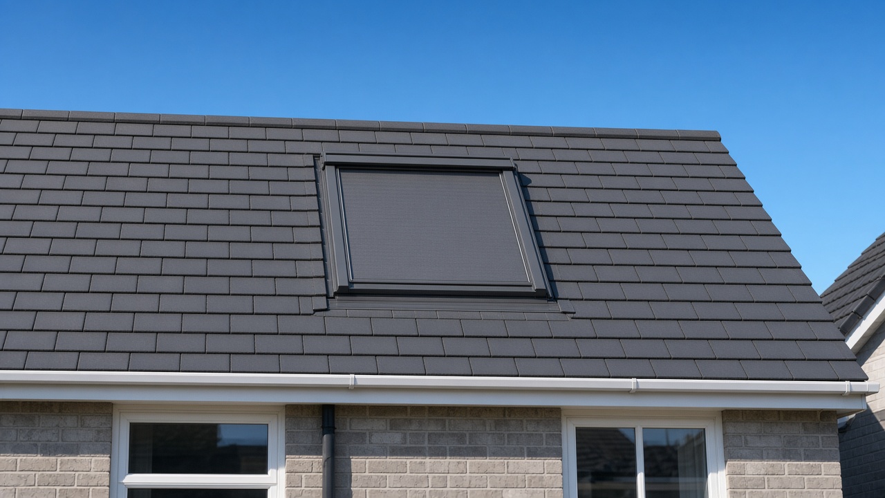 A roof window on a British pitched roof, external roller blind fully down, above a grey-brick semi, hard summer sun and a clear sky. Framed on one opening.