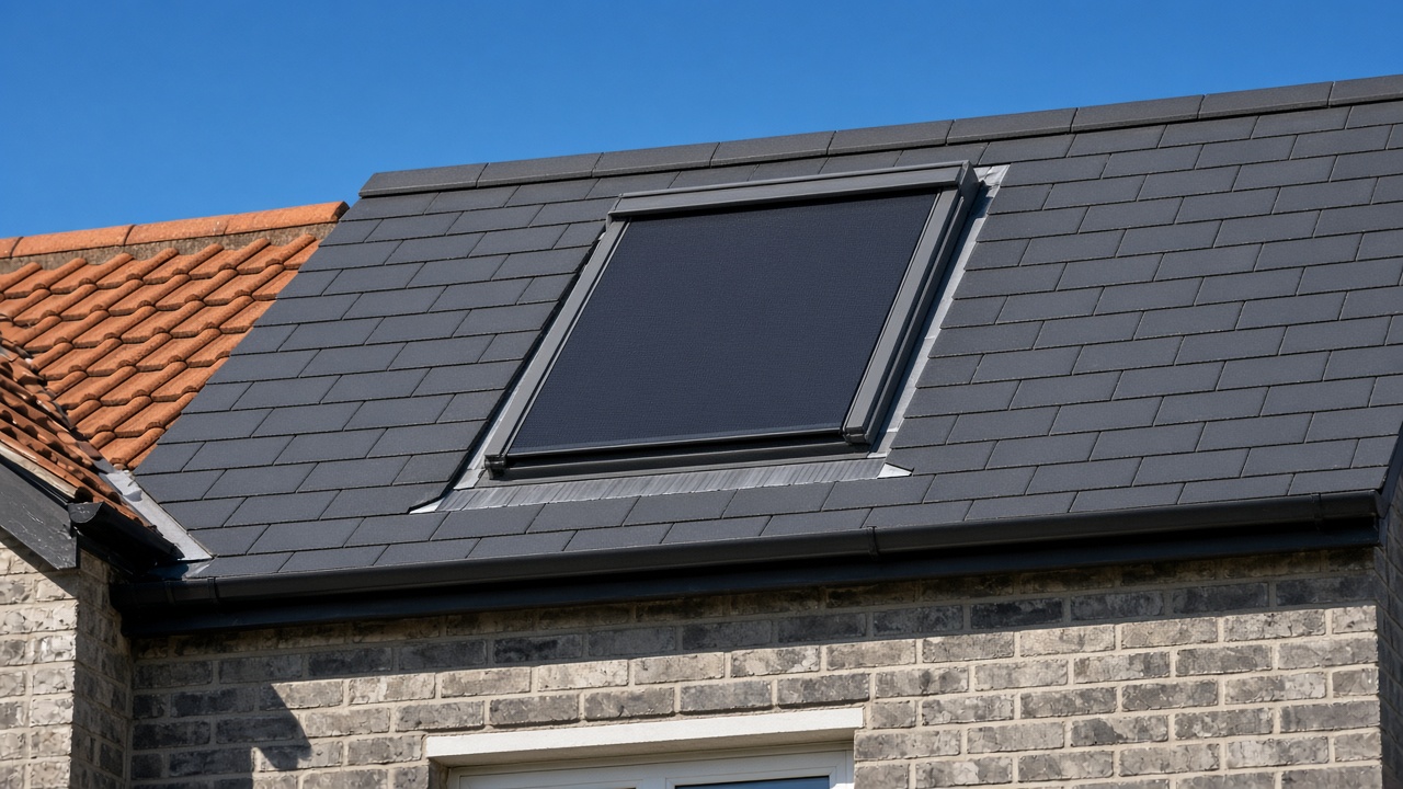 A roof window on a British pitched roof, external roller blind fully down, above a grey-brick semi, hard summer sun and a clear sky. Framed on one opening.