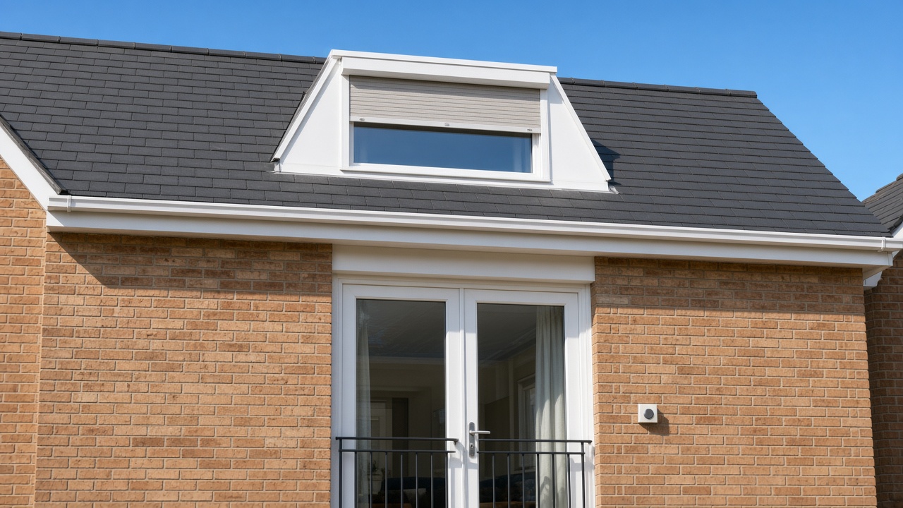 A roof window on a British pitched roof, external roller blind partly down, above a flat with a glazed balcony door, hard summer sun and a clear sky. Framed on one opening.