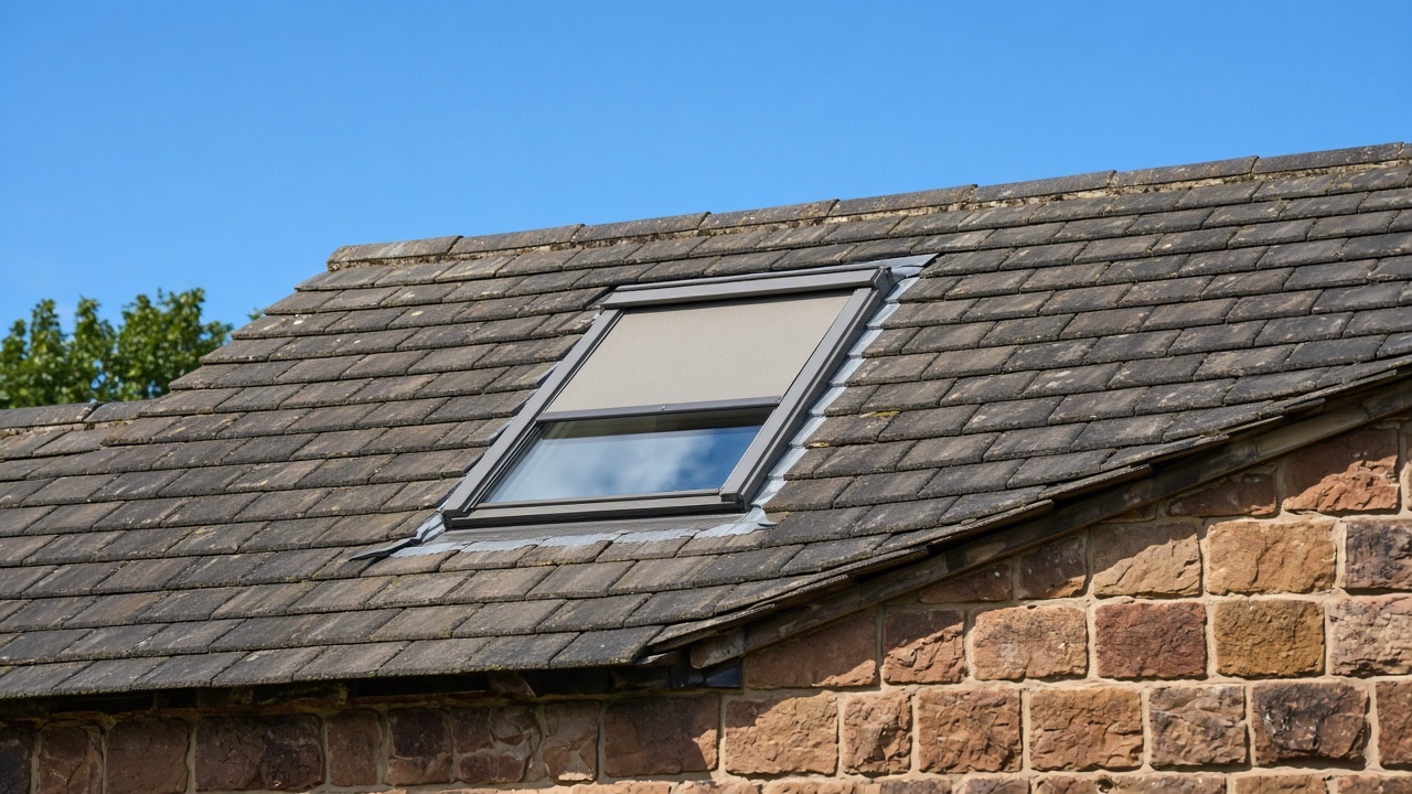 A roof window on a British pitched roof, external roller blind partly down, above a sandstone cottage, hard summer sun and a clear sky. Framed on one opening.