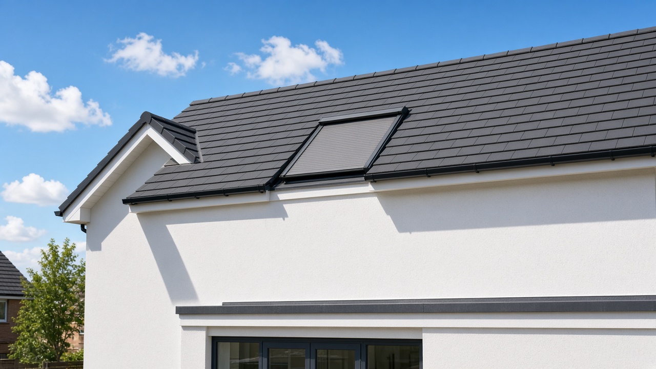 A roof window on a British pitched roof, external roller blind fully down, above a white rendered new-build, hard summer sun and a clear sky. Wide view of the whole elevation.
