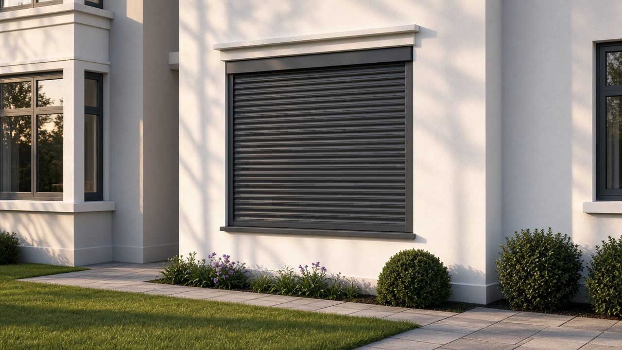 A fully closed anthracite security roller shutter over a ground-floor window on a white rendered new-build, late afternoon light and long shadows. Wide view of the whole elevation.
