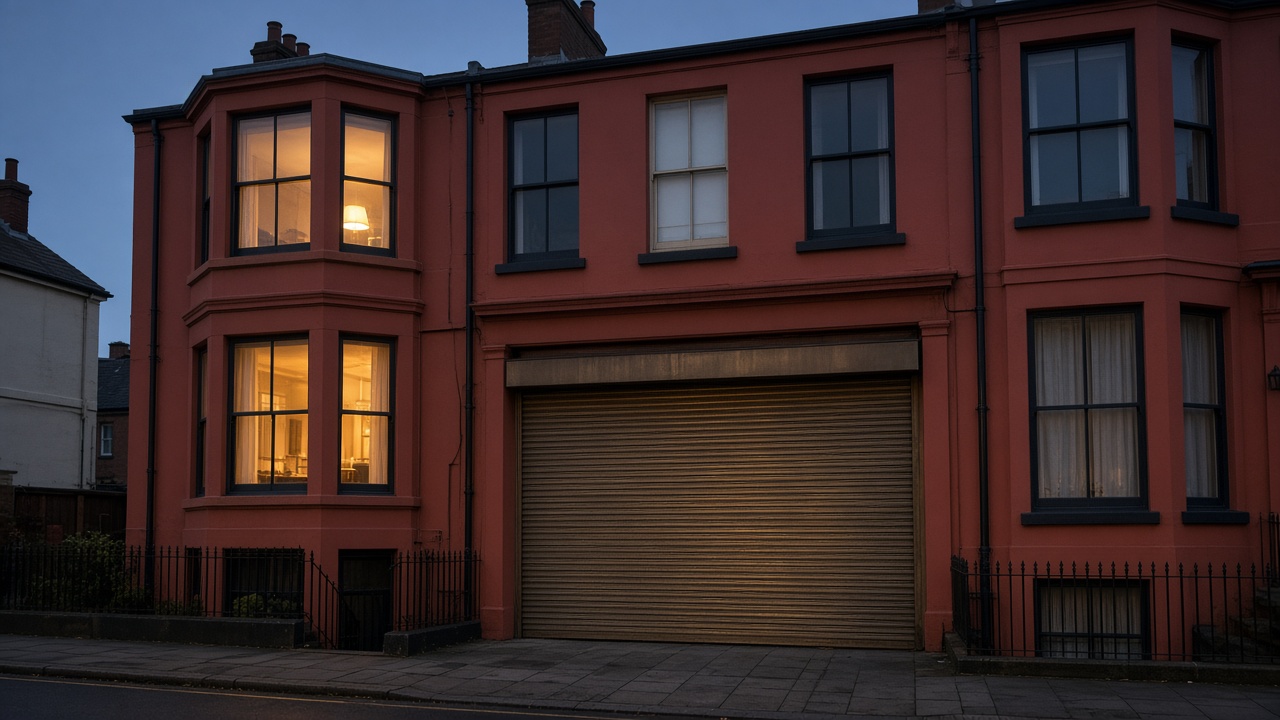 A bronze roller shutter nearly closed on a painted townhouse with a bay, dusk, with warm lights on inside. Wide view of the whole elevation.