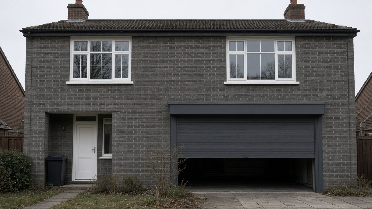 A dark grey roller shutter only a quarter down, with the box and side guides showing on a grey-brick semi, a flat winter sky. Wide view of the whole elevation.