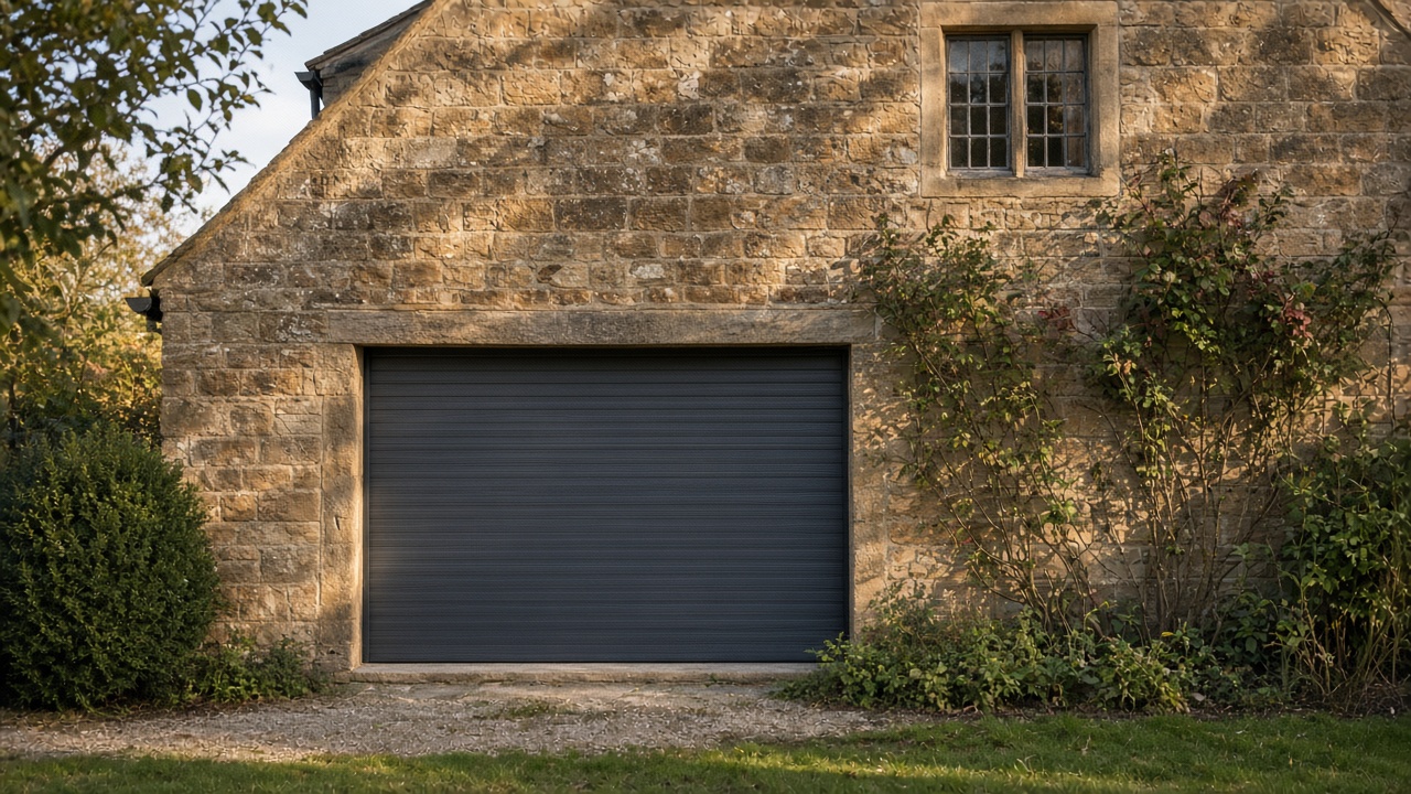 An anthracite roller shutter fully lowered on a sandstone cottage, late afternoon light and long shadows. Wide view of the whole elevation.