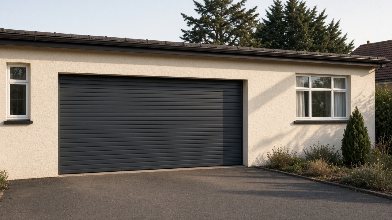An anthracite roller shutter fully lowered on a cream bungalow, late afternoon light and long shadows. Wide view of the whole elevation.