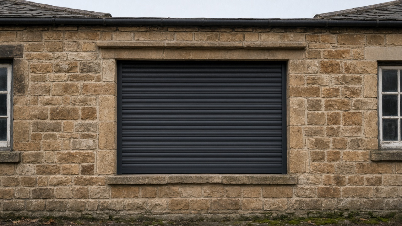 An anthracite roller shutter fully lowered on a sandstone cottage, a flat winter sky. Framed on one opening.