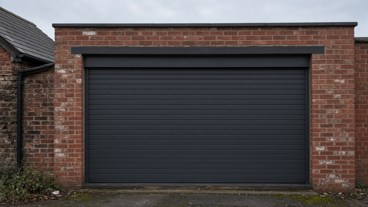 An anthracite roller shutter fully lowered on a red-brick rear extension, a flat winter sky. Framed on one opening.