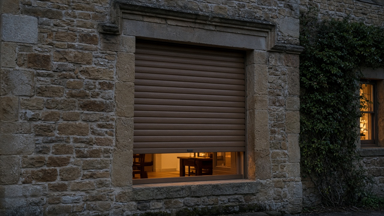 A bronze roller shutter nearly closed on a stone farmhouse, dusk, with warm lights on inside. Framed on one opening.