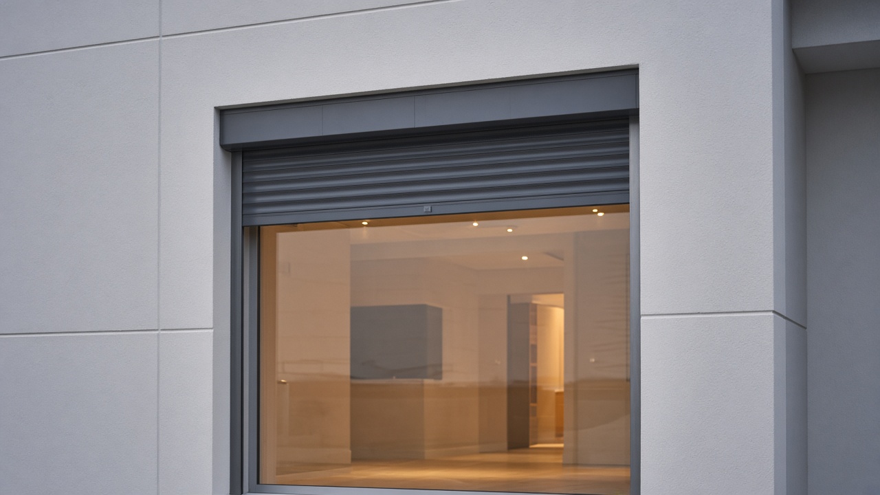 A dark grey roller shutter only a quarter down, with the box and side guides showing on a white rendered new-build, dusk, with warm lights on inside. Framed on one opening.