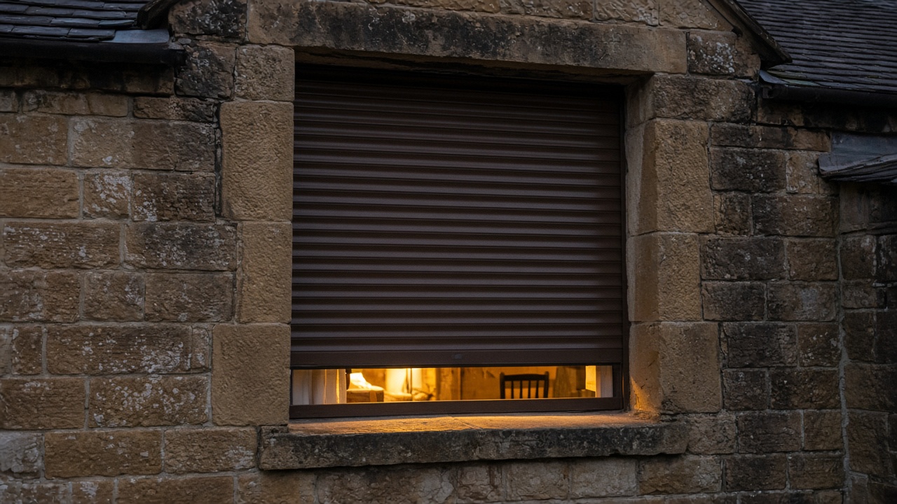 A bronze roller shutter nearly closed on a sandstone cottage, dusk, with warm lights on inside. Framed on one opening.
