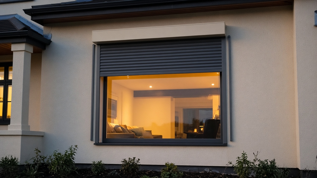 A dark grey roller shutter only a quarter down, with the box and side guides showing on a cream bungalow, dusk, with warm lights on inside. Framed on one opening.