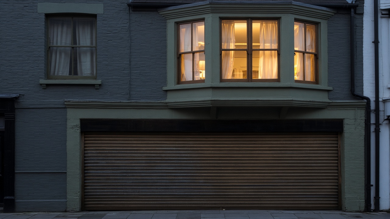 A bronze roller shutter nearly closed on a painted townhouse with a bay, dusk, with warm lights on inside. Framed on one opening.
