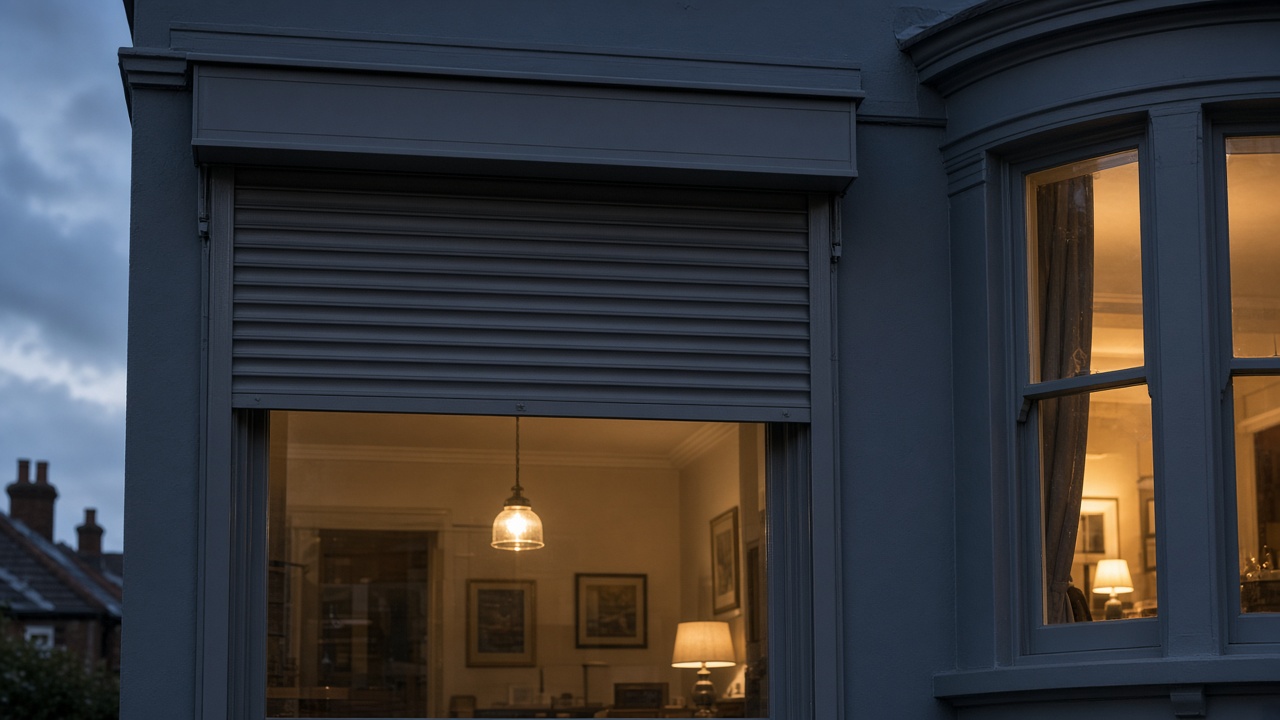 A dark grey roller shutter only a quarter down, with the box and side guides showing on a painted townhouse with a bay, dusk, with warm lights on inside. Framed on one opening.
