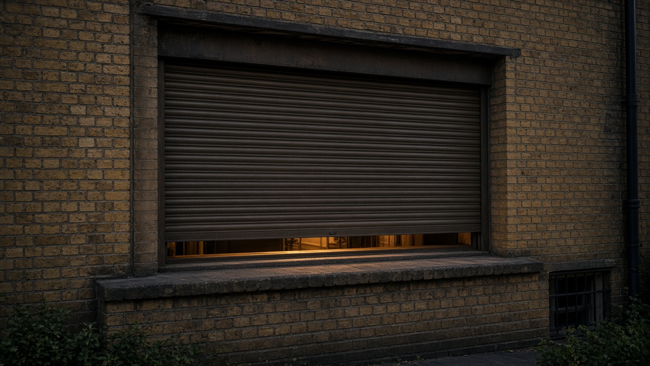 A bronze roller shutter nearly closed on a yellow London stock brick terrace, dusk, with warm lights on inside. Framed on one opening.