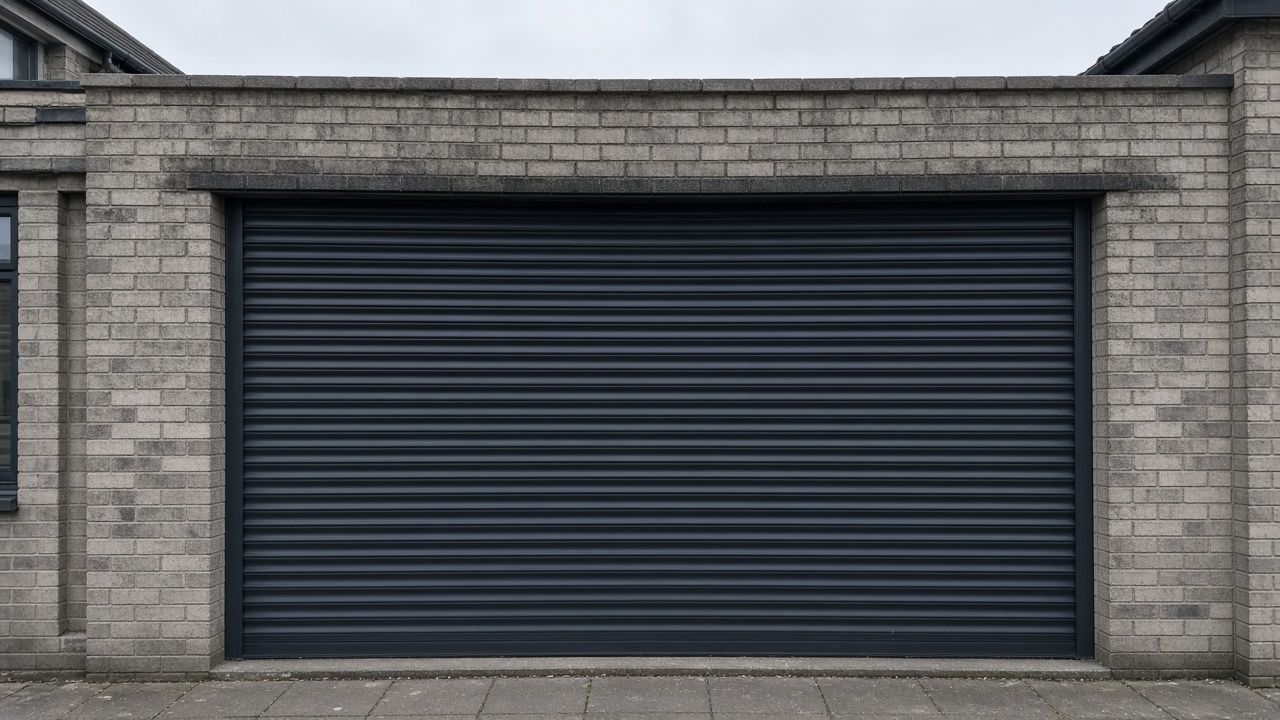 An anthracite roller shutter fully lowered on a grey-brick semi, a flat winter sky. Framed on one opening.
