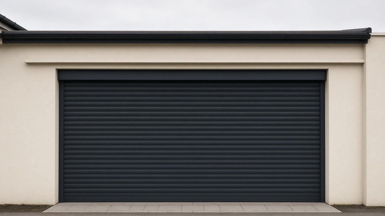 An anthracite roller shutter fully lowered on a cream bungalow, a flat winter sky. Framed on one opening.