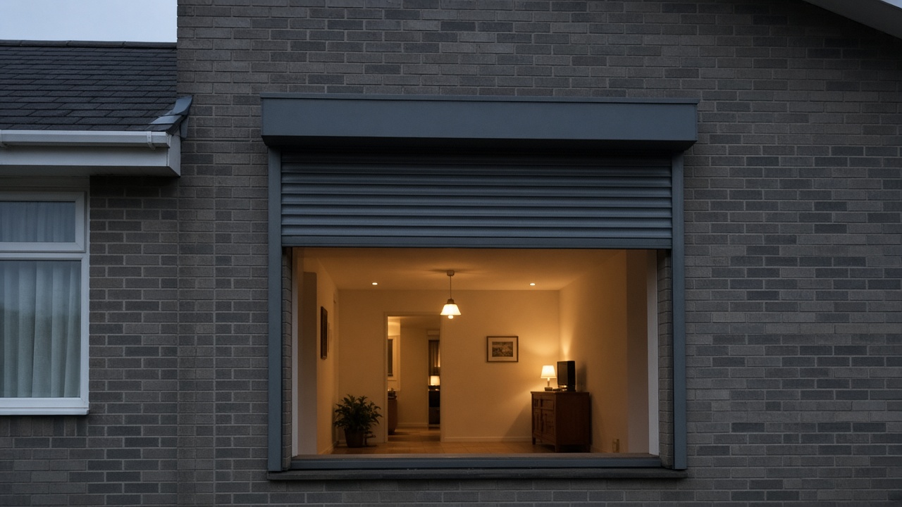 A dark grey roller shutter only a quarter down, with the box and side guides showing on a grey-brick semi, dusk, with warm lights on inside. Framed on one opening.