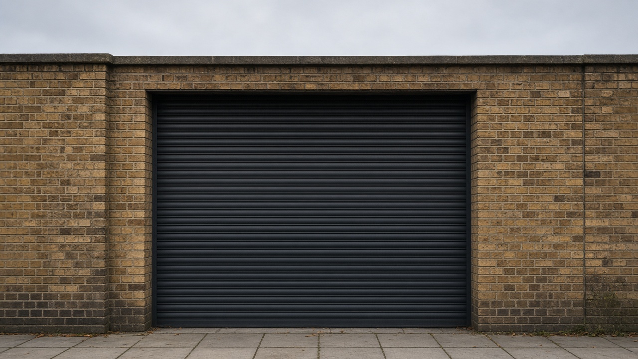 An anthracite roller shutter fully lowered on a yellow London stock brick terrace, a flat winter sky. Framed on one opening.