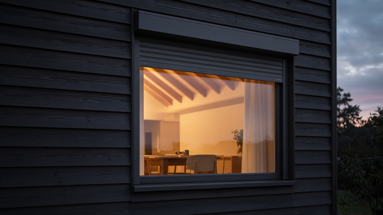 A dark grey roller shutter only a quarter down, with the box and side guides showing on a dark timber-clad house, dusk, with warm lights on inside. Framed on one opening.