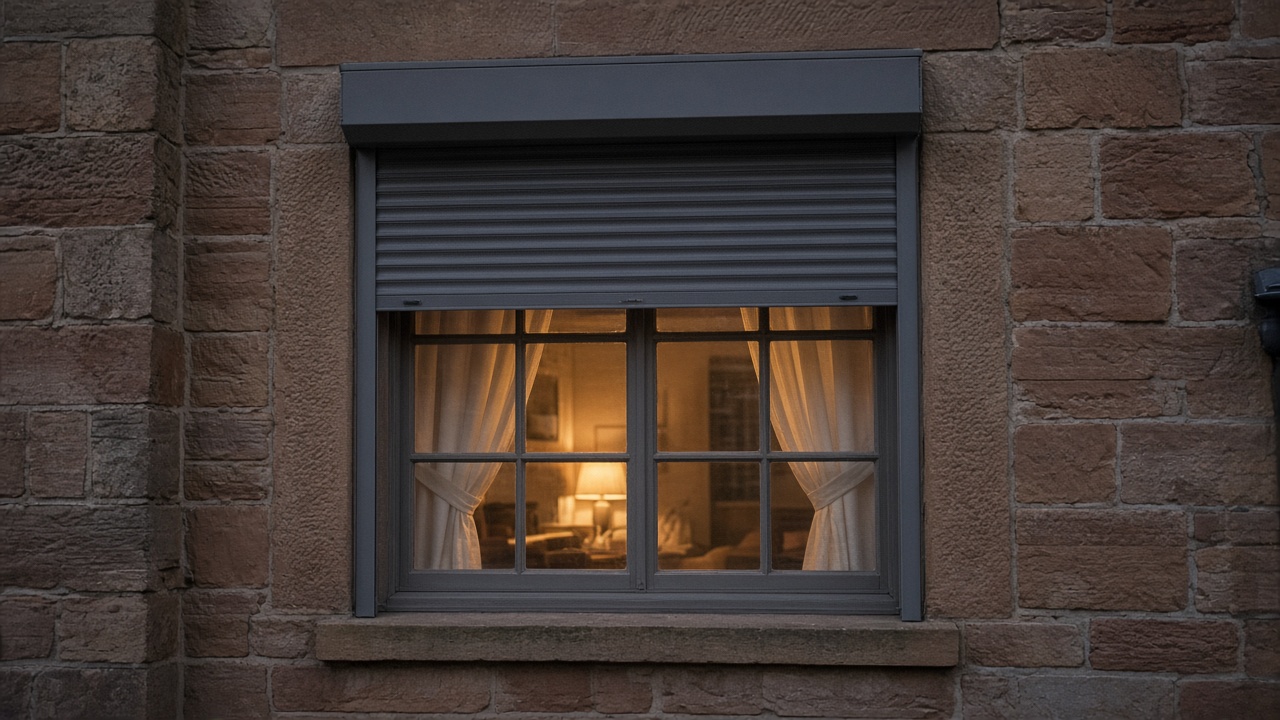 A dark grey roller shutter only a quarter down, with the box and side guides showing on a sandstone cottage, dusk, with warm lights on inside. Framed on one opening.