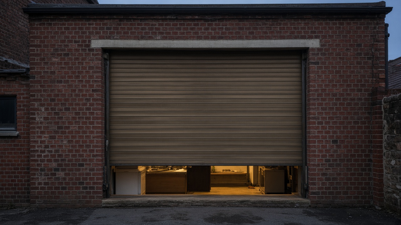 A bronze roller shutter nearly closed on a red-brick rear extension, dusk, with warm lights on inside. Framed on one opening.