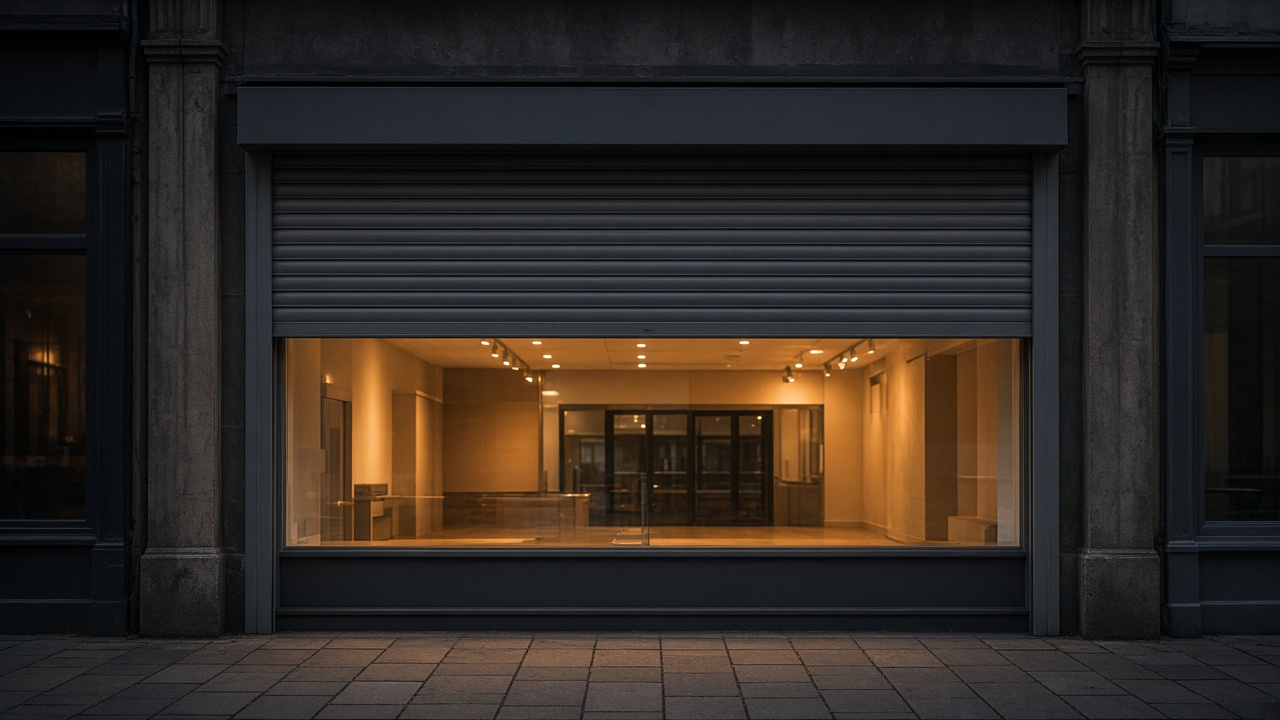 A dark grey roller shutter only a quarter down, with the box and side guides showing on a small high-street shopfront, dusk, with warm lights on inside. Framed on one opening.